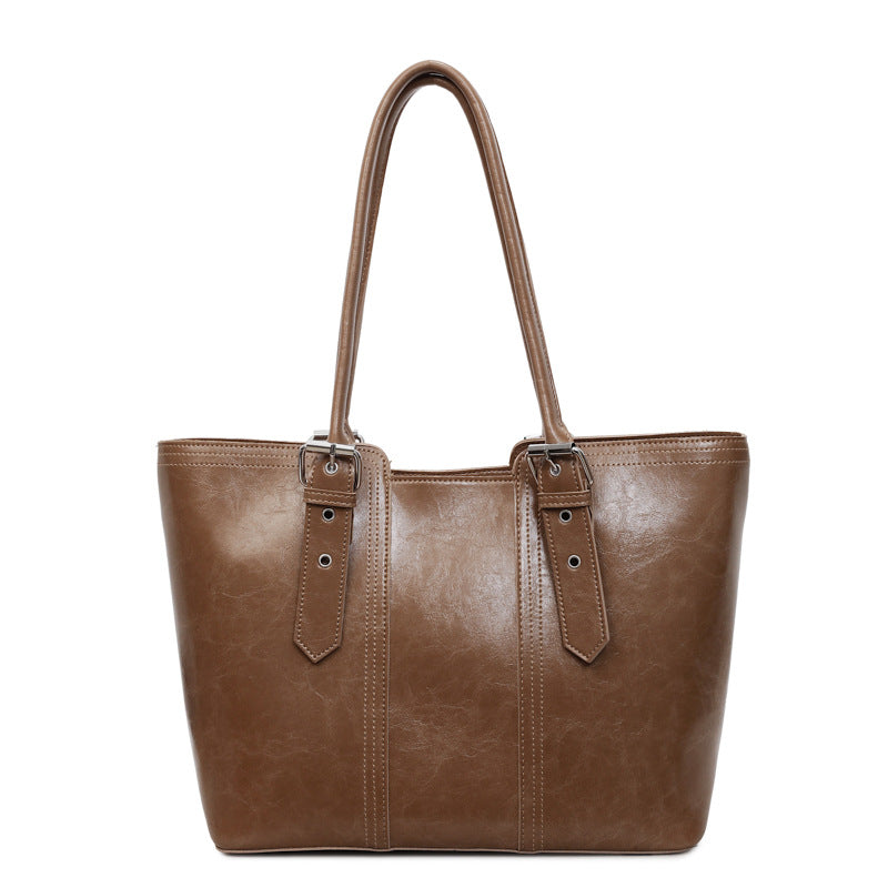 Oil Wax Leather Large Capacity Tote Bag with Buckle Detail
