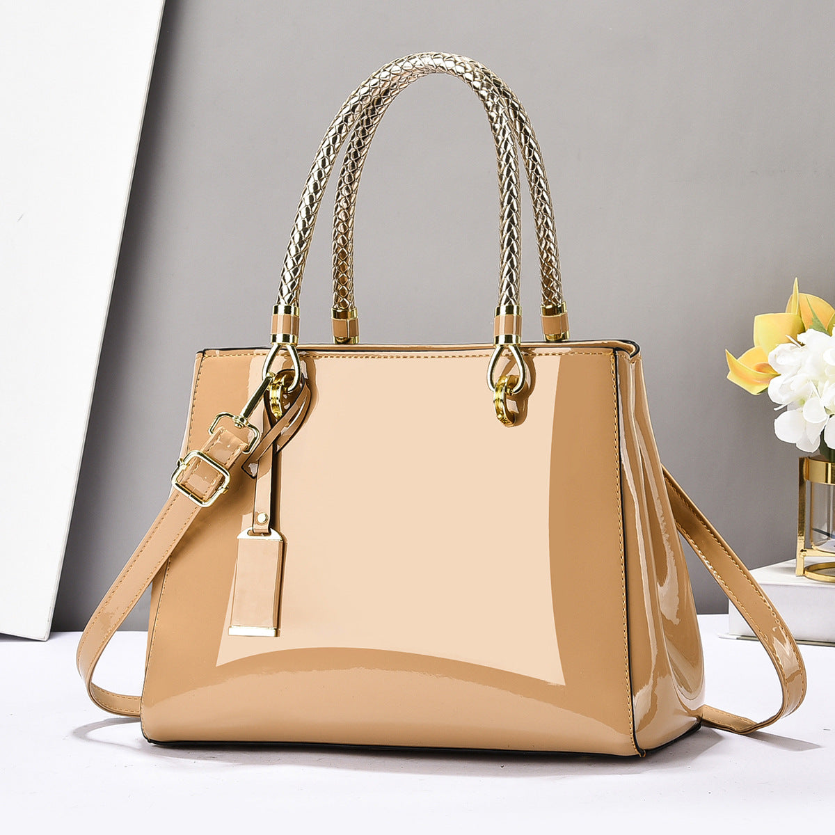 Patent Leather Structured Tote Bag with Braided Gold Handles