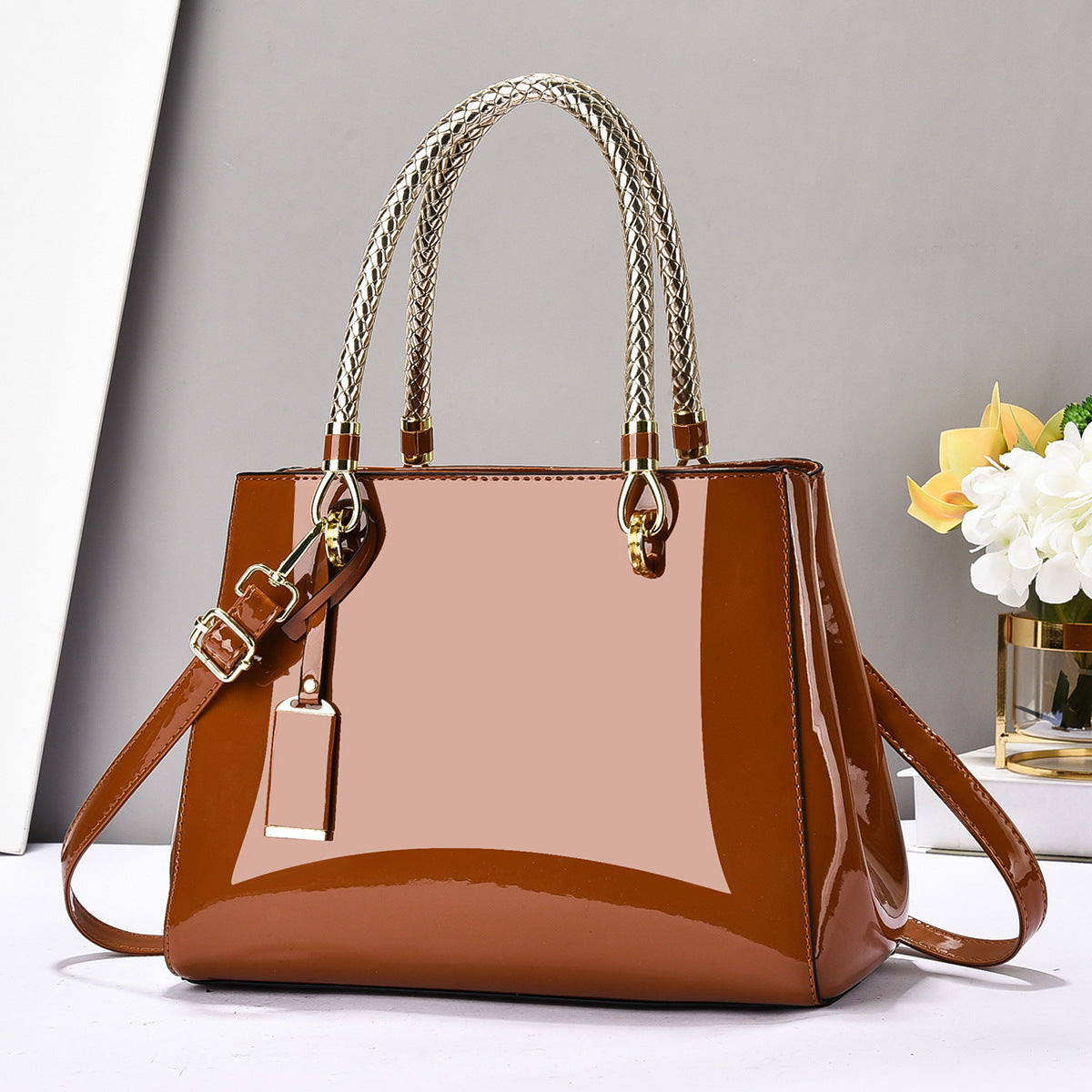 Patent Leather Structured Tote Bag with Braided Gold Handles