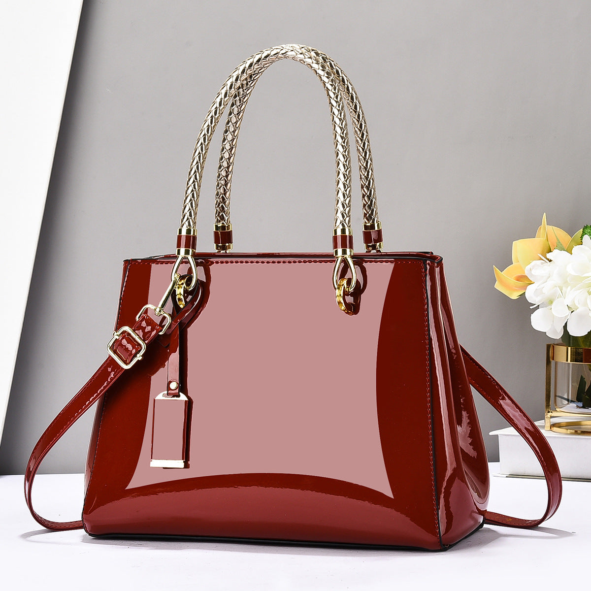 Patent Leather Structured Tote Bag with Braided Gold Handles
