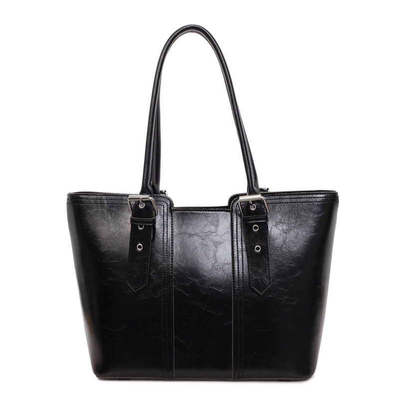 Oil Wax Leather Large Capacity Tote Bag with Buckle Detail
