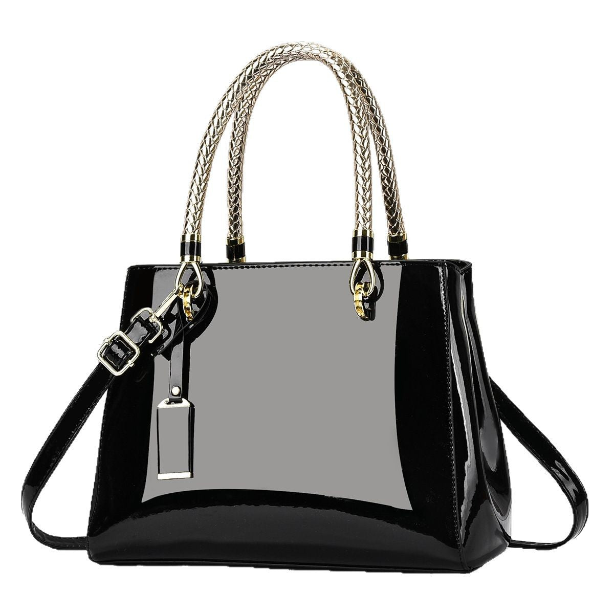 Patent Leather Structured Tote Bag with Braided Gold Handles
