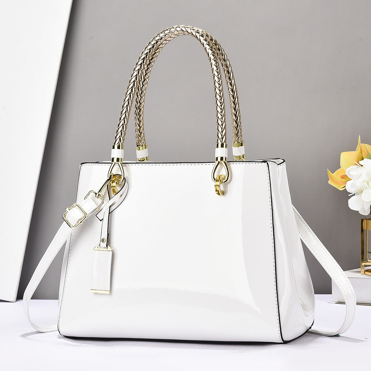 Patent Leather Structured Tote Bag with Braided Gold Handles