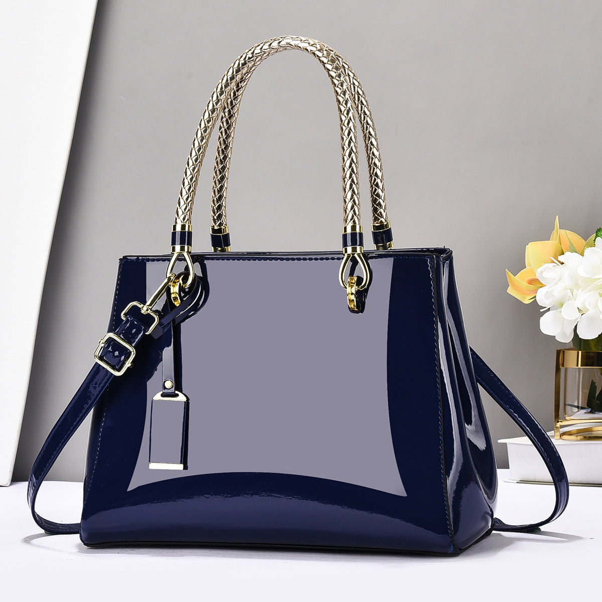 Patent Leather Structured Tote Bag with Braided Gold Handles